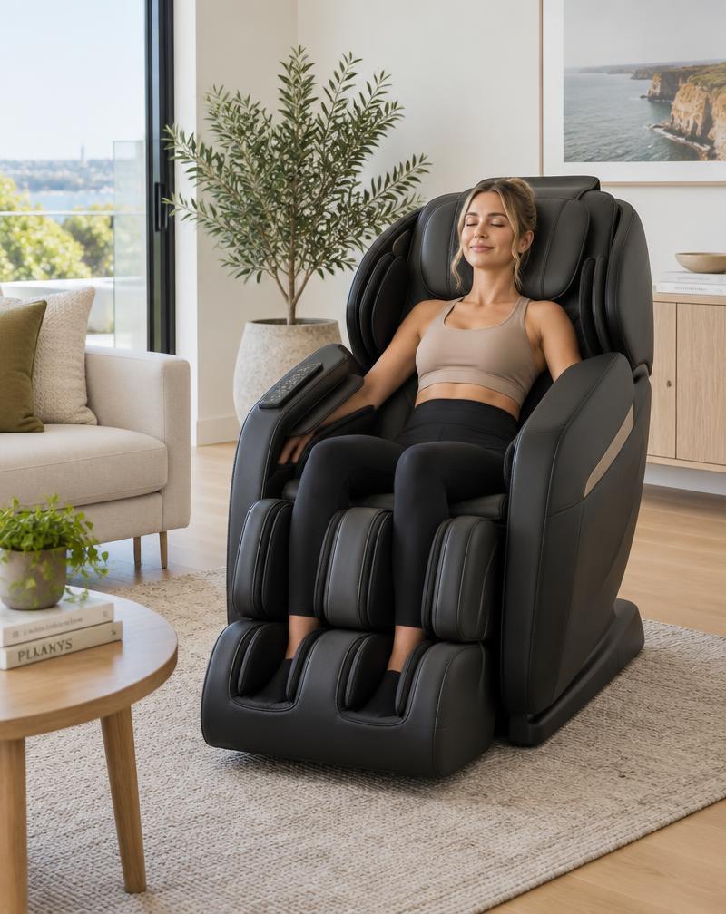 Same woman relaxing in a premium massage chair at home