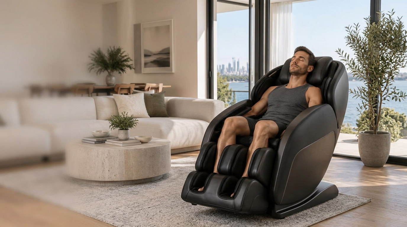 Man in activewear recovering from a workout in a premium massage chair at home